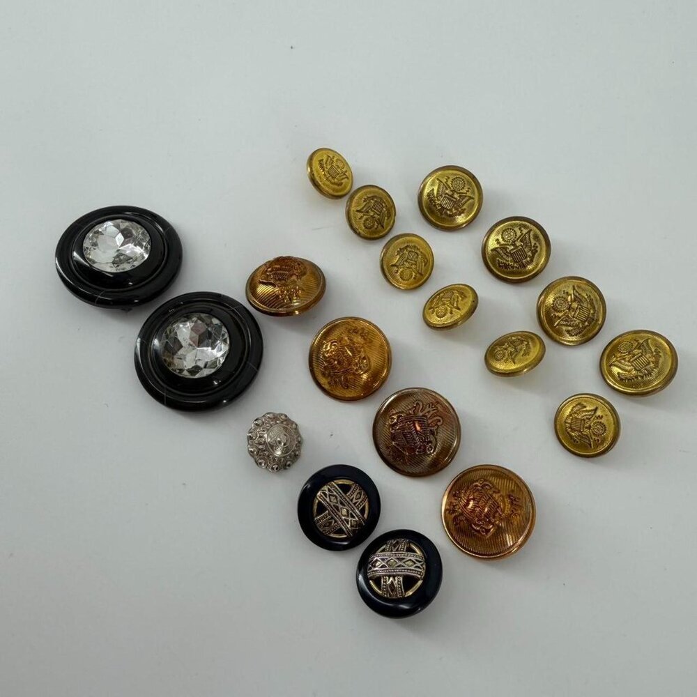 Vintage Button Lot Gold Tone Heraldic Crest Black Rhinestone Mixed Sewing Craft